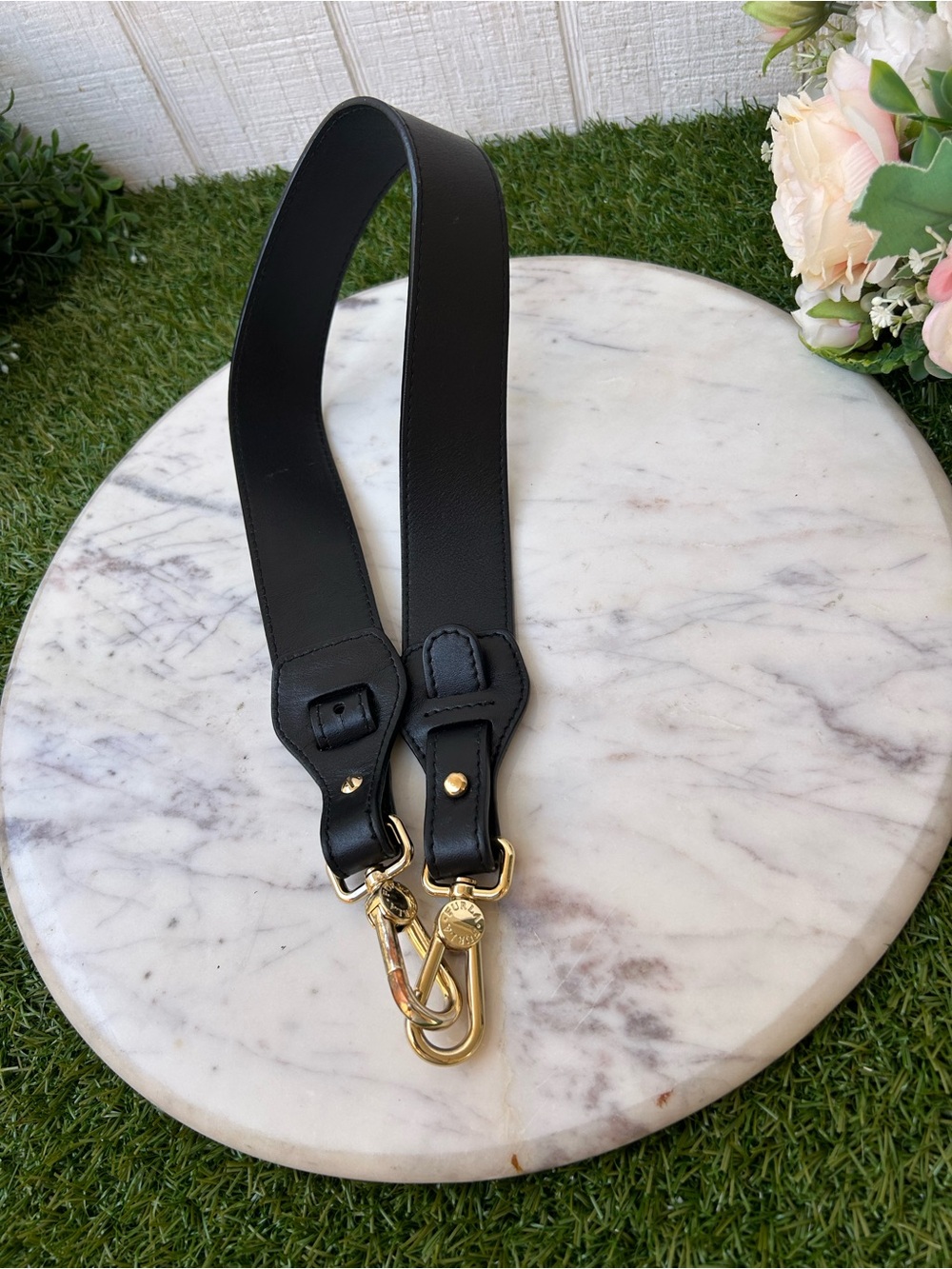 FURLA Shoulder Wide Strap NERO Leather Bag Strap with Gold Hardware, gently used